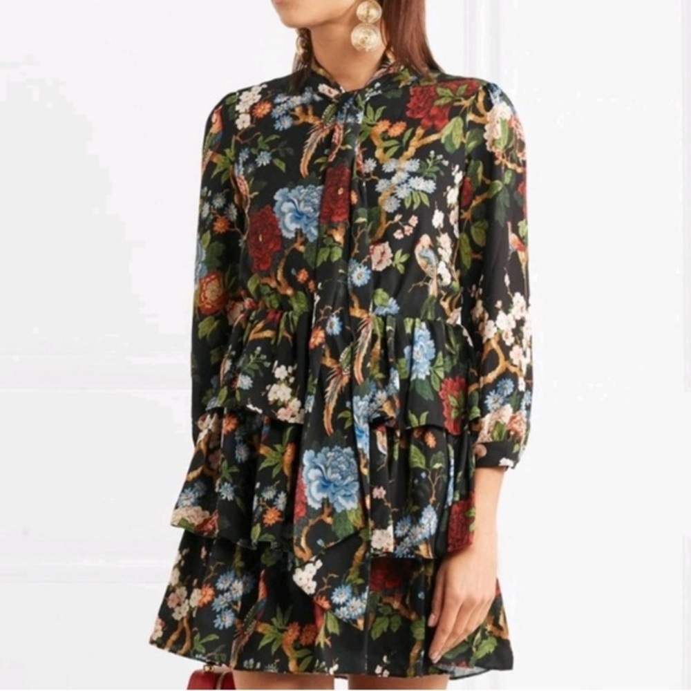 Alice + Olivia Breann Chinoiserie Garden Floral Tiered Bow Neck Dress 0